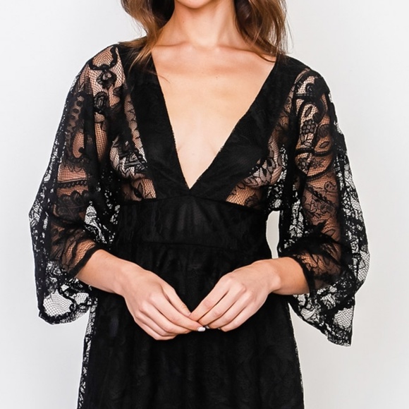Black Sheer Lace Plunging V Neck Kimono Midi Dress - Picture 4 of 8